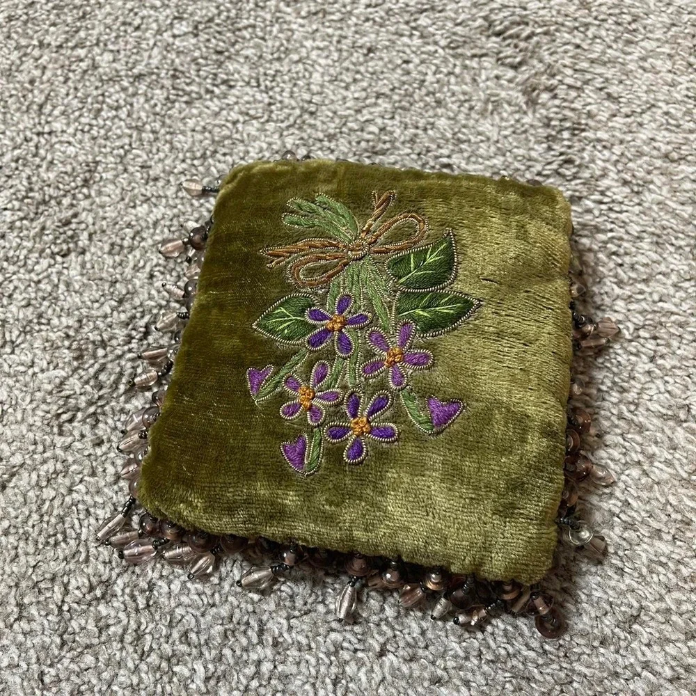 Green velvet beaded miniature pillow with floral embroidery